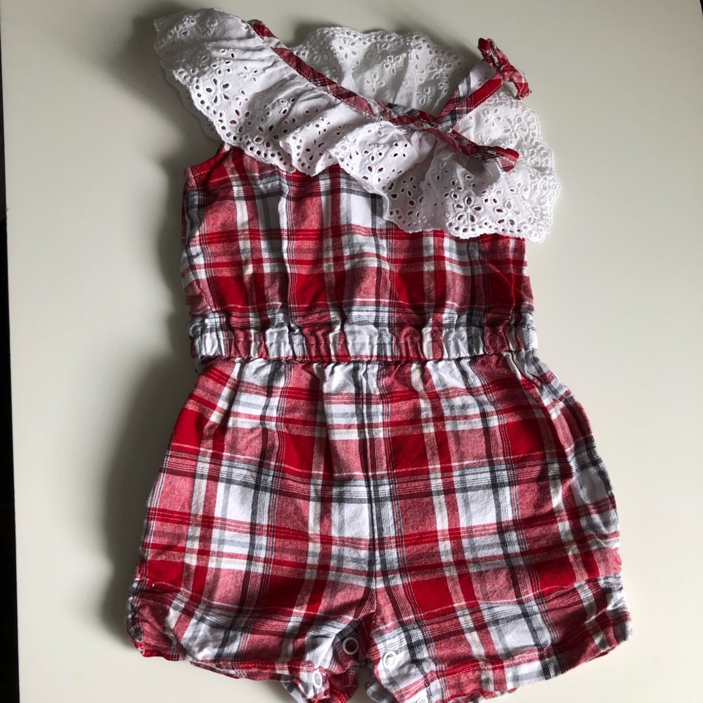 9-12M Girls: Red & White Plaid Romper